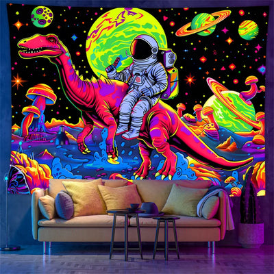Astronaut & Dinosaurier UV Schwarzlicht-Wandteppich