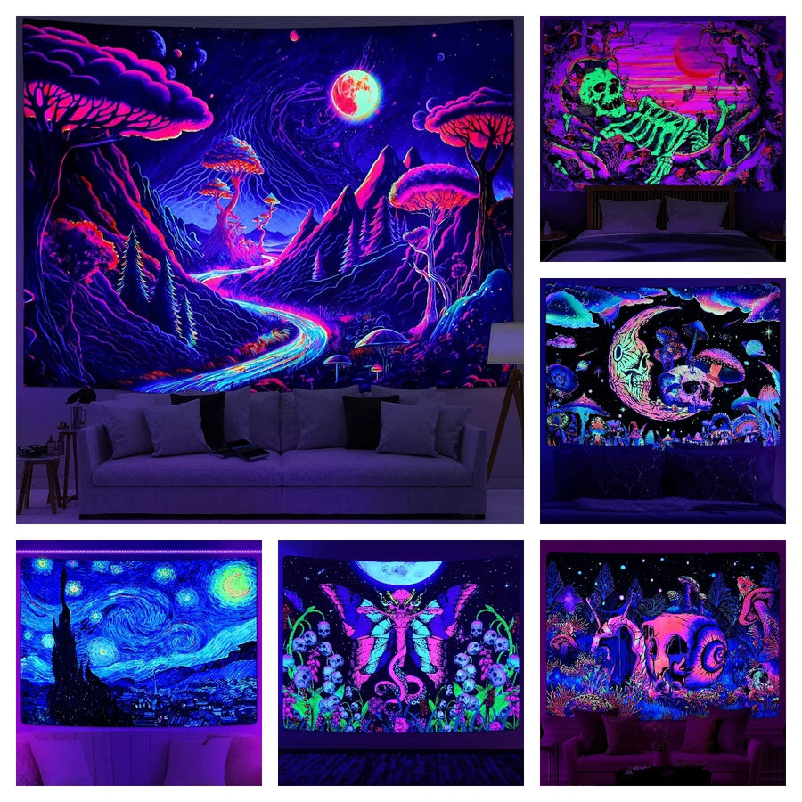 Galaxy Moon Mountain Schwarzlicht-Wandteppich