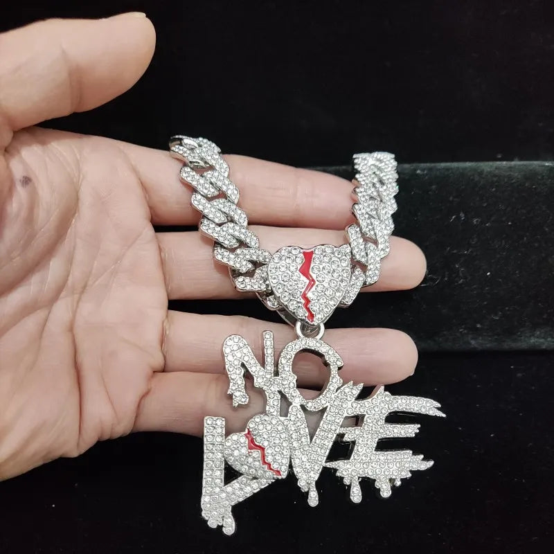 No Love Herz Anhänger Halskette im Hip-Hop-Stil - Mit Cuban Chain