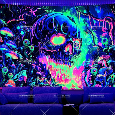 Skull Waterfall UV Schwarzlicht-Wandteppich