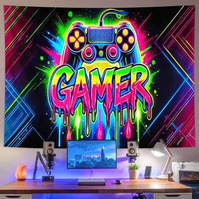 Game Controller Neon Schwarzlicht-Wandteppich
