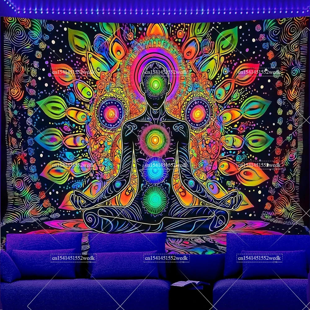 Seven Chakras UV Schwarzlicht-Wandteppich