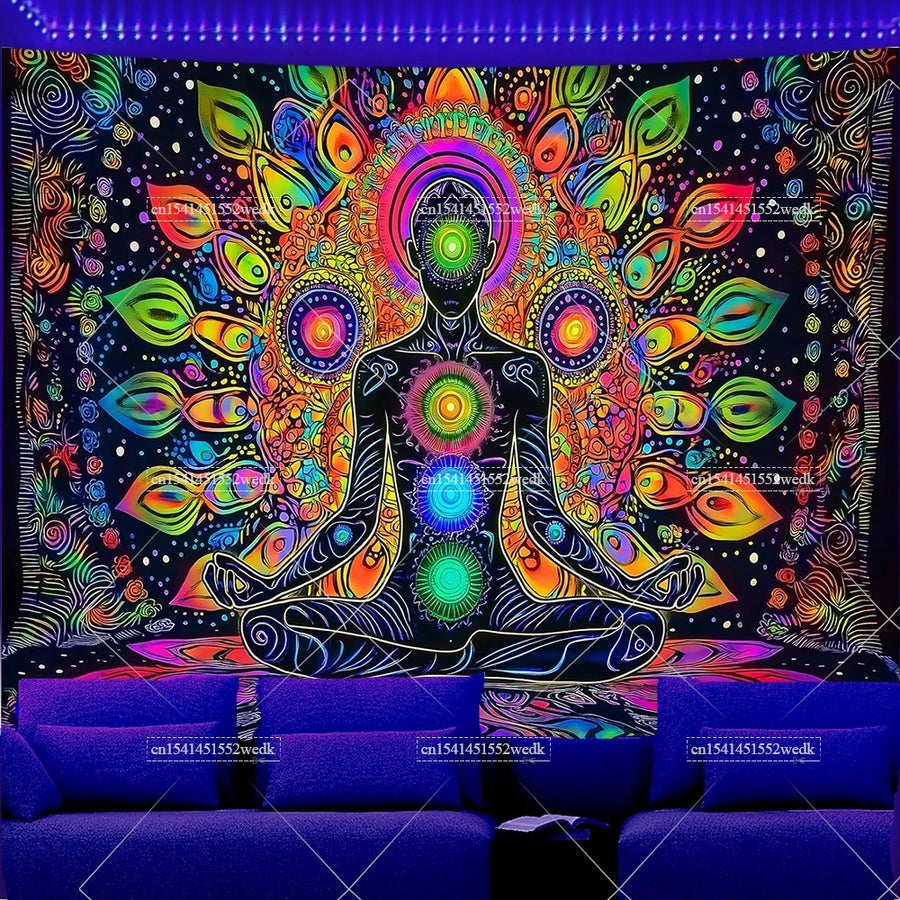 Seven Chakras UV Schwarzlicht-Wandteppich