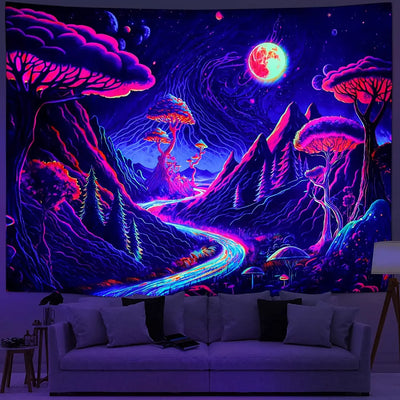 Galaxy Moon Mountain Schwarzlicht-Wandteppich