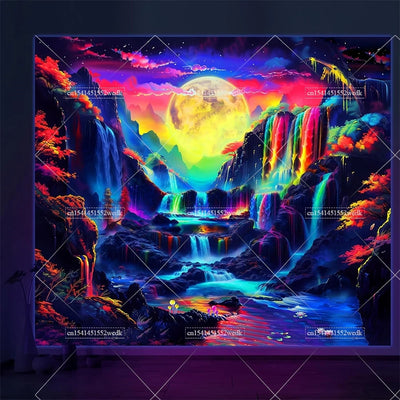 Waterfall Moon UV Schwarzlicht-Wandteppich