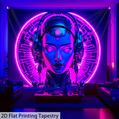 Cyberpunk Woman UV Schwarzlicht-Wandteppich