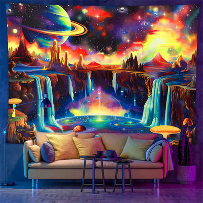 Astronaut & Dinosaurier UV Schwarzlicht-Wandteppich