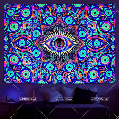 Neon Eyes Mandala Schwarzlicht-Wandteppich