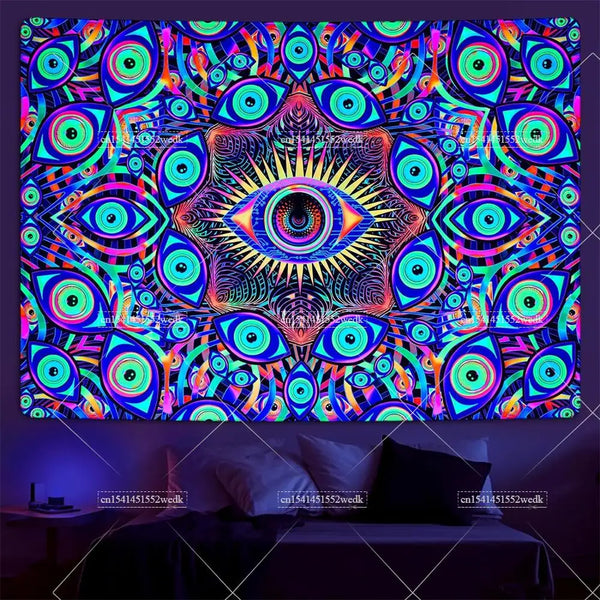 Neon Eyes Mandala Schwarzlicht-Wandteppich