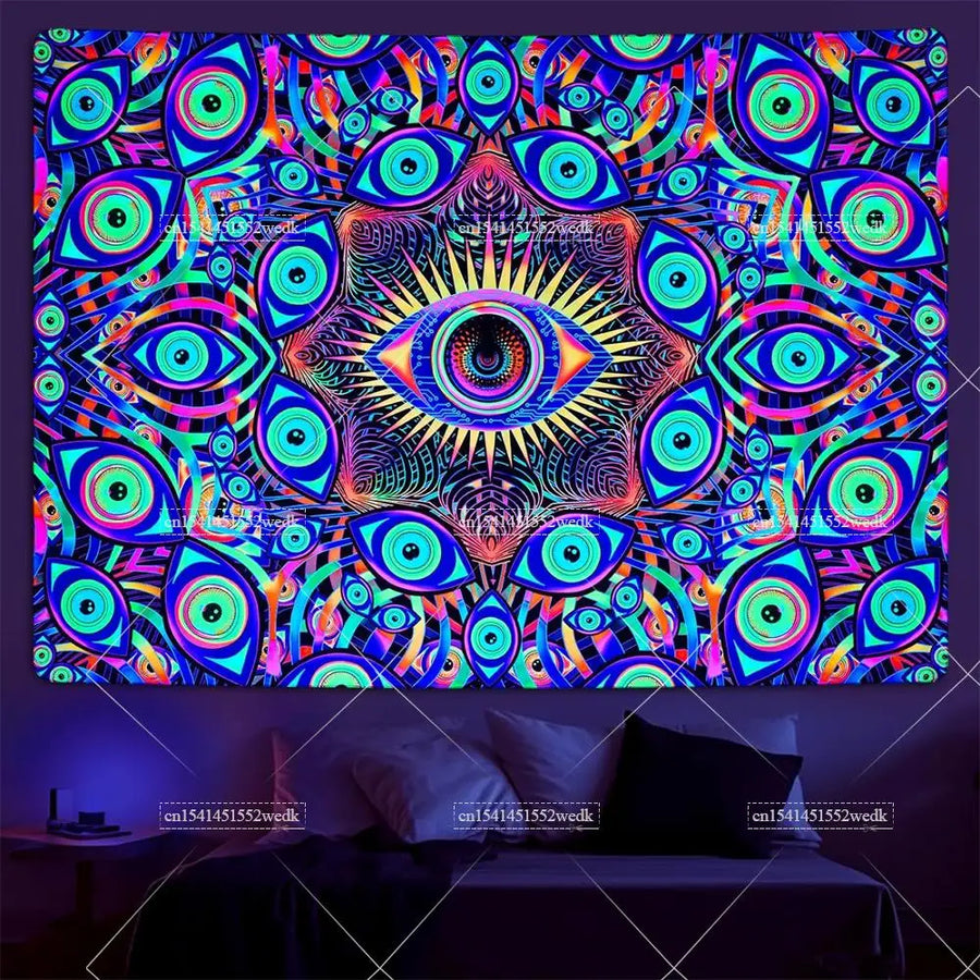 Neon Eyes Mandala Schwarzlicht-Wandteppich