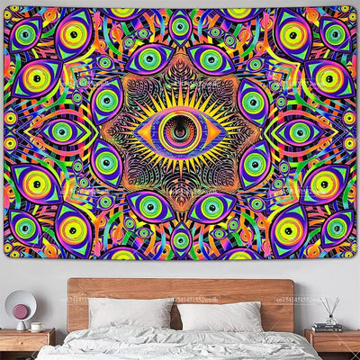 Neon Eyes Mandala Schwarzlicht-Wandteppich
