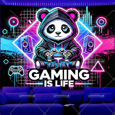 Gaming Panda DJ UV Schwarzlicht-Wandteppich