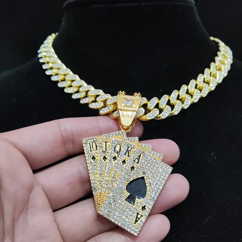 Hip Hop Style Playing Card Pendant Necklace - With Crystal Cuban Chain
