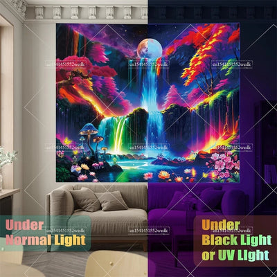 Waterfall Moon UV Schwarzlicht-Wandteppich