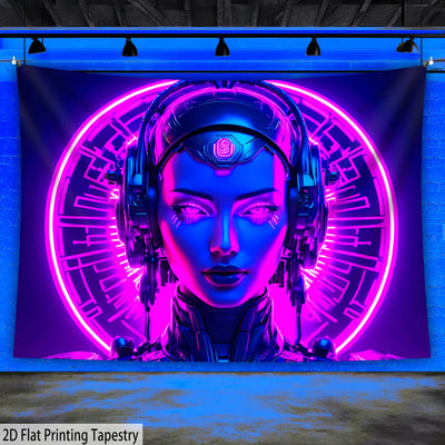 Cyberpunk Woman UV Schwarzlicht-Wandteppich
