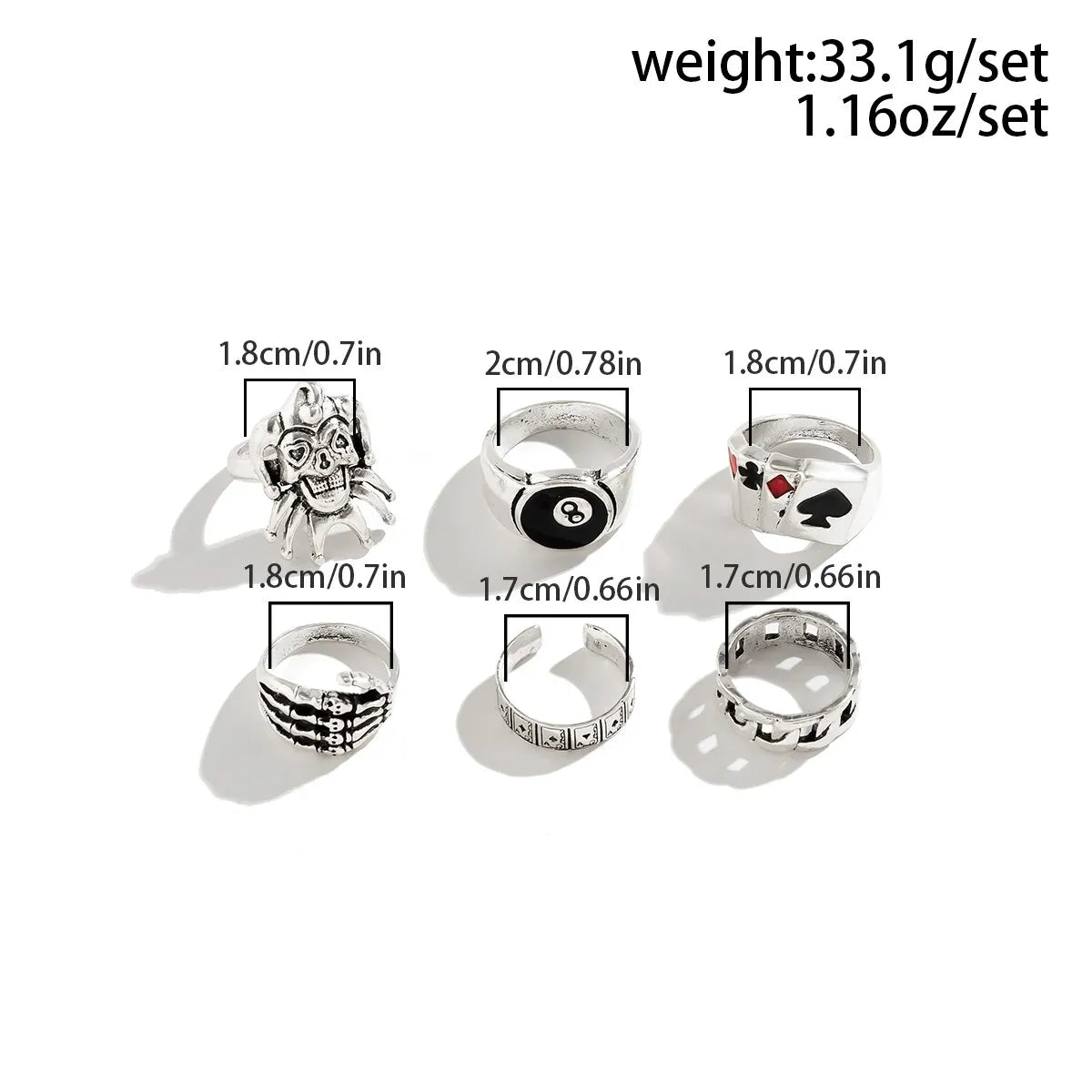 Hip-Hop Vintage Totenkopf Geisterklauen Poker Clown Ring Set - Steampunk Schmuck