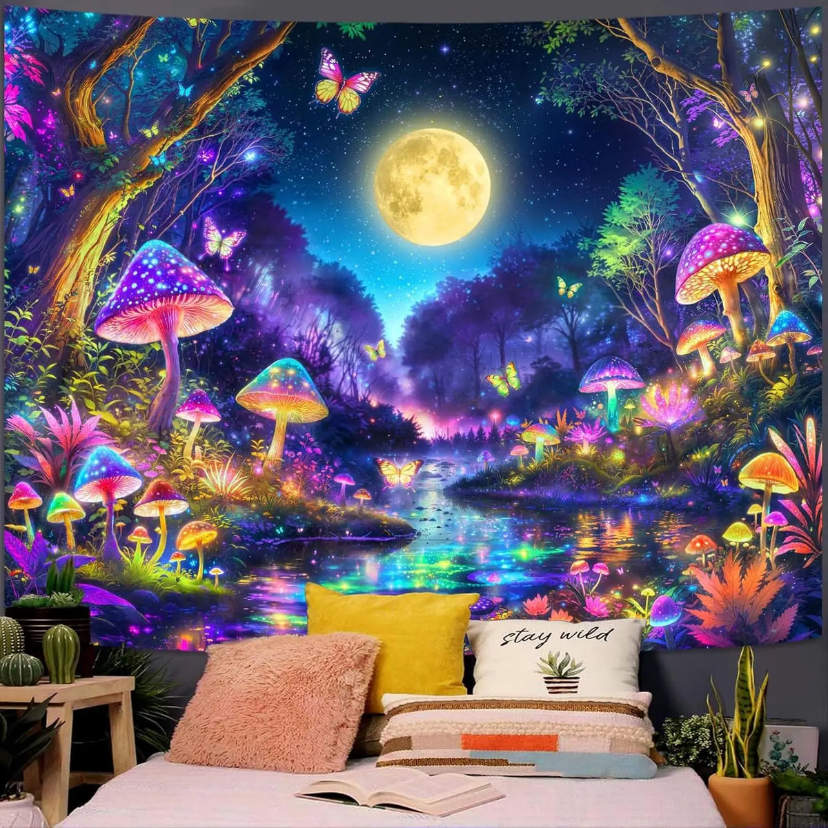 Butterfly Moon UV Schwarzlicht-Wandteppich