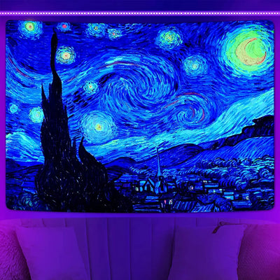 Galaxy Moon Mountain Schwarzlicht-Wandteppich