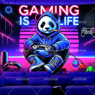 Gaming Panda DJ UV Schwarzlicht-Wandteppich