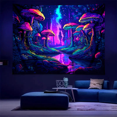 Mushroom Landscape UV Schwarzlicht-Wandteppich