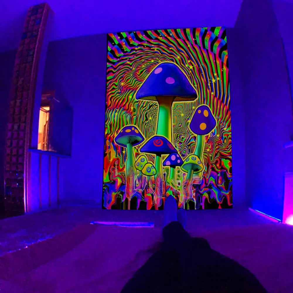 Psychedelic Mushroom UV Schwarzlicht-Wandteppich