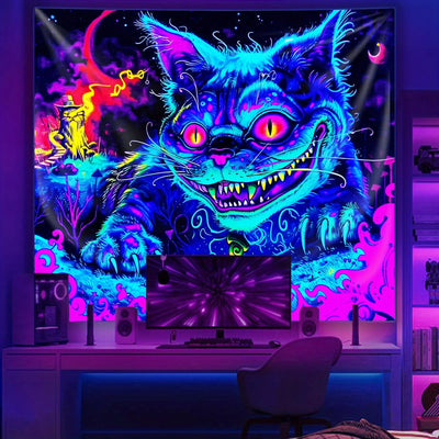 Psychedelic Blue Cat UV Wandteppich