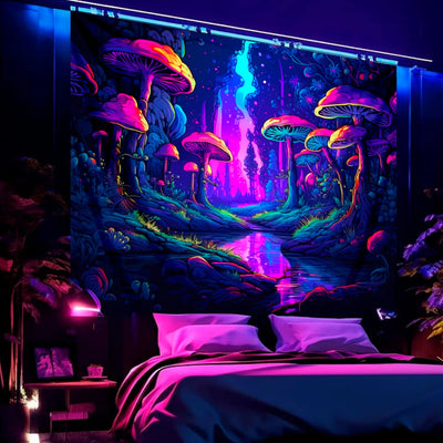 Mushroom Landscape UV Schwarzlicht-Wandteppich