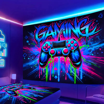 Game Controller Neon Schwarzlicht-Wandteppich