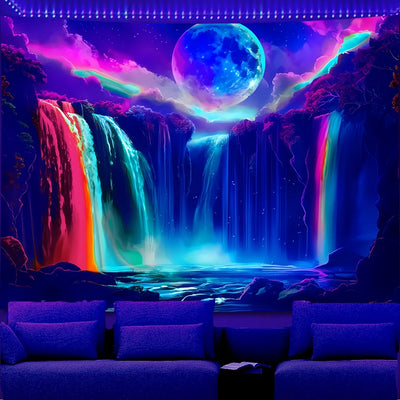 Waterfall Moon UV Schwarzlicht-Wandteppich