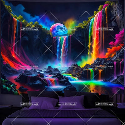 Waterfall Moon UV Schwarzlicht-Wandteppich