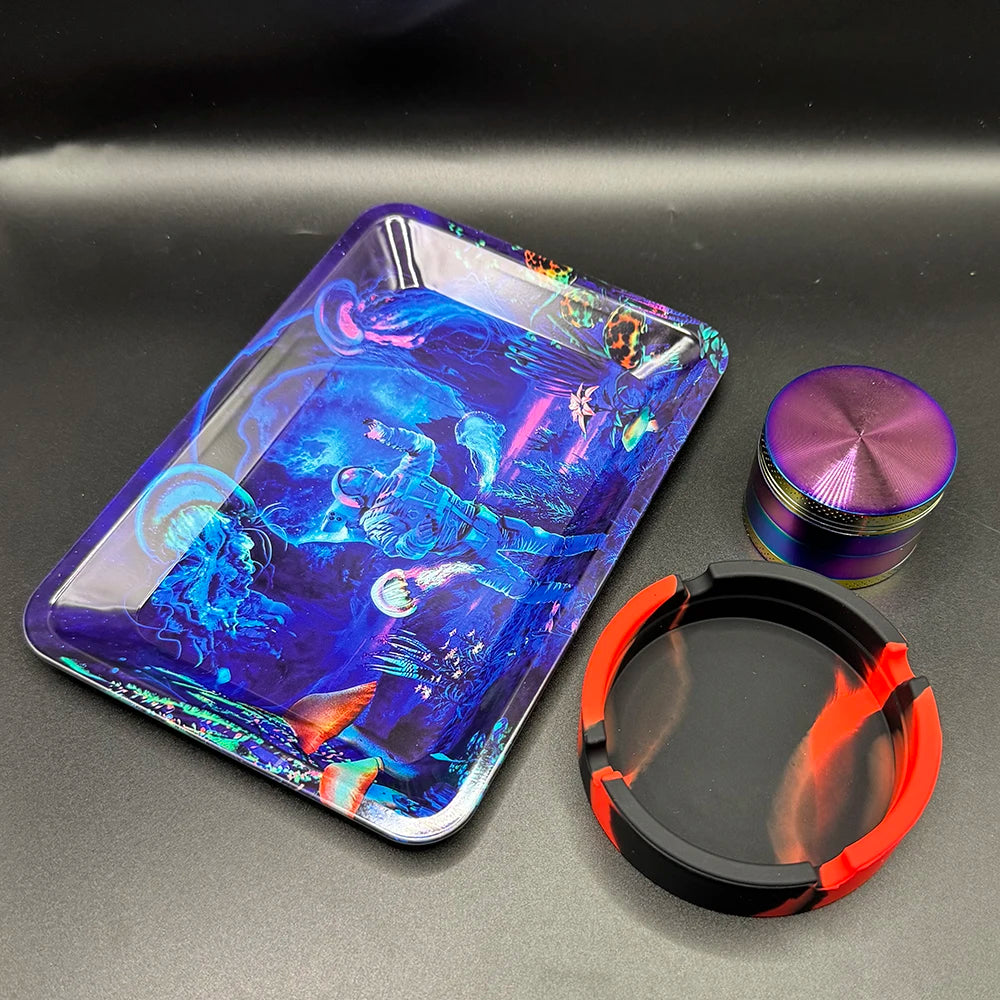 50 mm Tabak- & Kräutergrinder Set mit Rolling Tray & Aschenbecher