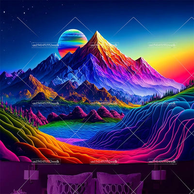 Waterfall Moon UV Schwarzlicht-Wandteppich
