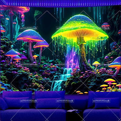 Psychedelic Mushroom Forest Schwarzlicht-Wandteppich