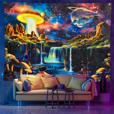Astronaut & Dinosaurier UV Schwarzlicht-Wandteppich