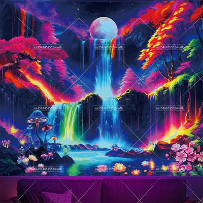 Waterfall Moon UV Schwarzlicht-Wandteppich