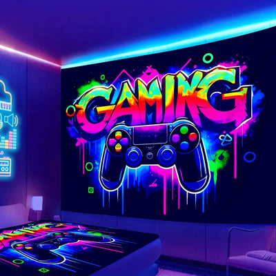 Game Controller Neon Schwarzlicht-Wandteppich