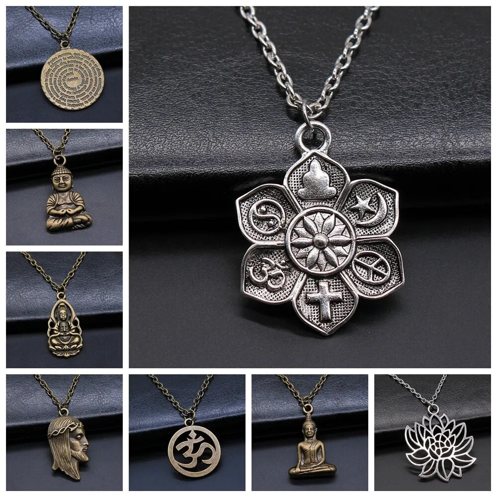 Religiöser Schmuck - Buddhismus Buddha Anhänger Halskette mit Om Yoga Symbol und Lotusbaum