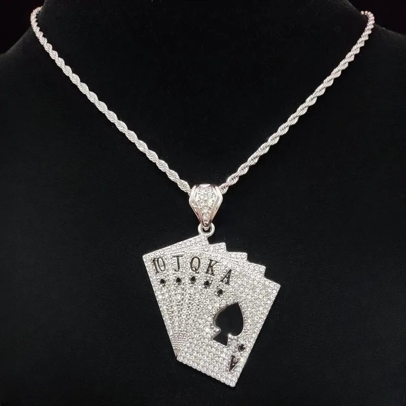 Spielkarten-Anhänger Halskette im Hip-Hop-Stil - Mit Kristall Cuban Chain