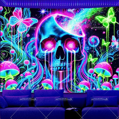 Skull Waterfall UV Schwarzlicht-Wandteppich