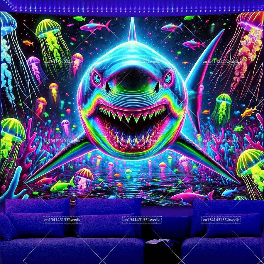 Underwater Shark & Jellyfish UV Wandteppich