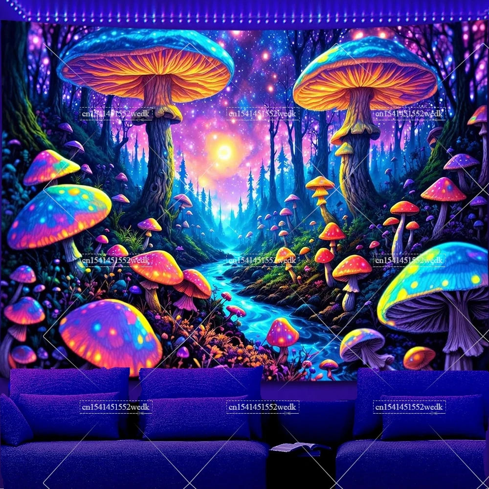 Psychedelic Mushroom Forest Schwarzlicht-Wandteppich