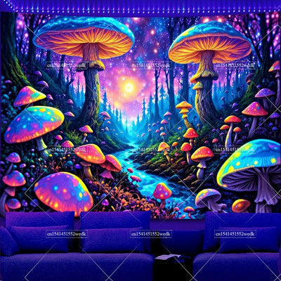 Psychedelic Mushroom Forest Schwarzlicht-Wandteppich