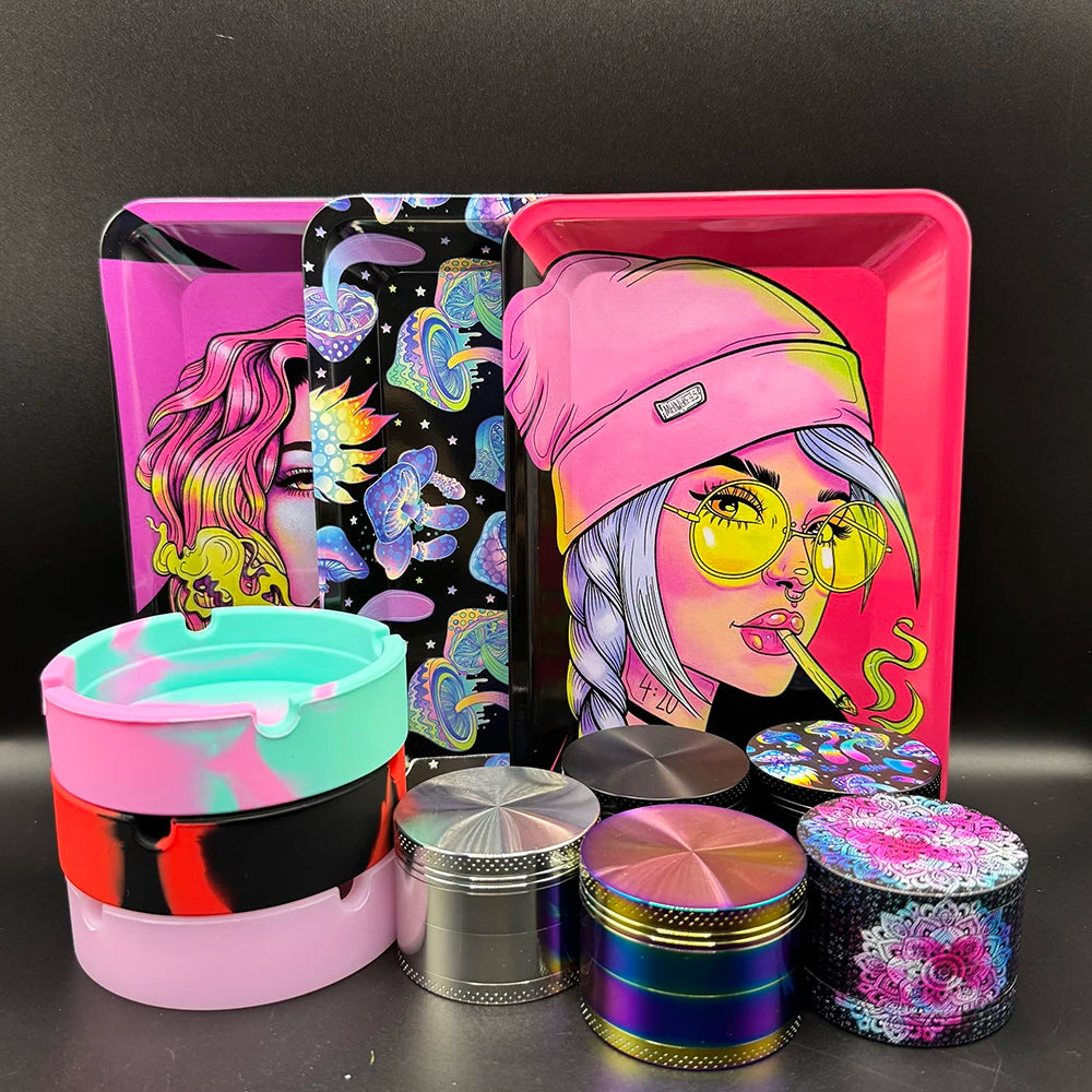 50 mm Tabak- & Kräutergrinder Set mit Rolling Tray & Aschenbecher