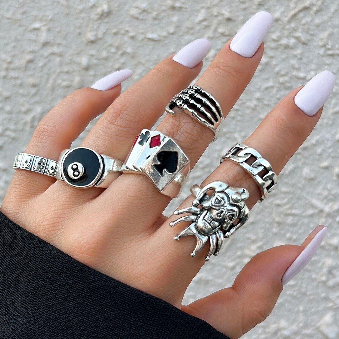 Hip-Hop Vintage Totenkopf Geisterklauen Poker Clown Ring Set - Steampunk Schmuck