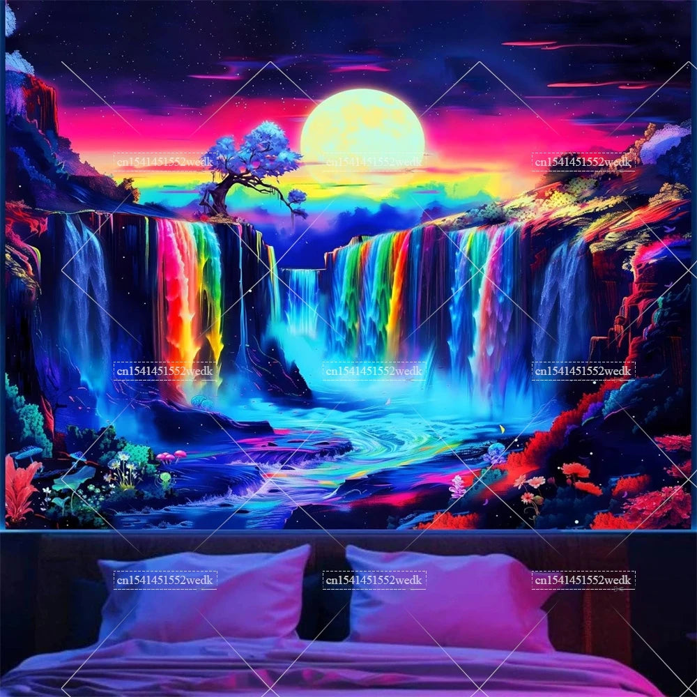 Waterfall Moon UV Schwarzlicht-Wandteppich