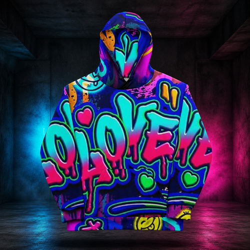 Abstract Love Hoodie im dunklen Betonraum mit Cyan- und Magenta-Hintergrundlicht
