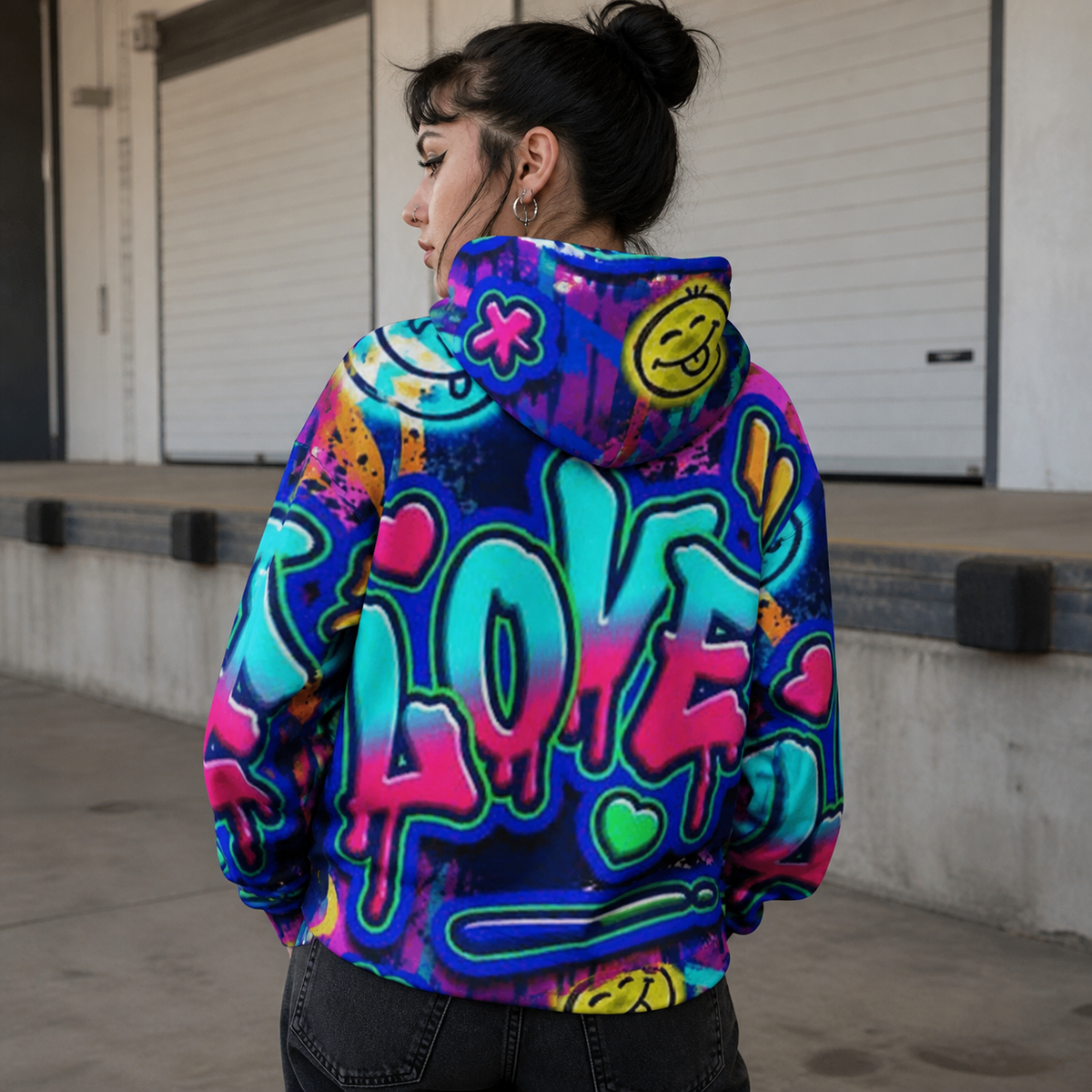 Weibliches Model im NiZED Abstract Love Hoodie mit farbigem Graffiti-Alloverprint in Berlin – KI-generierte Darstellung