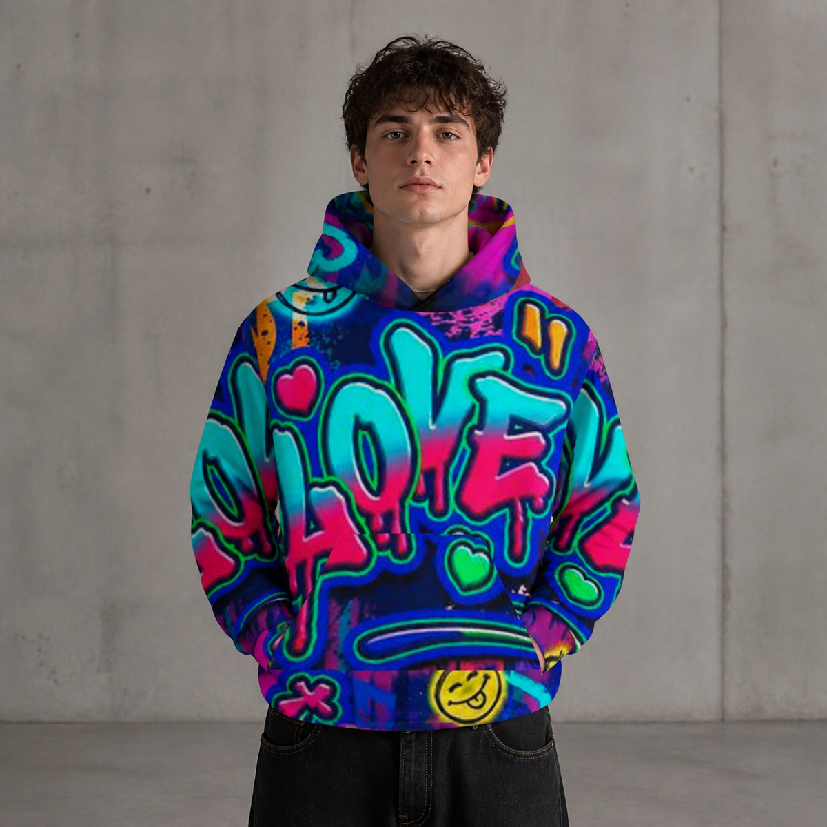 Männliches Model im NiZED Abstract Love Hoodie mit farbigem Graffiti-Alloverprint in Berlin – KI-generierte Darstellung