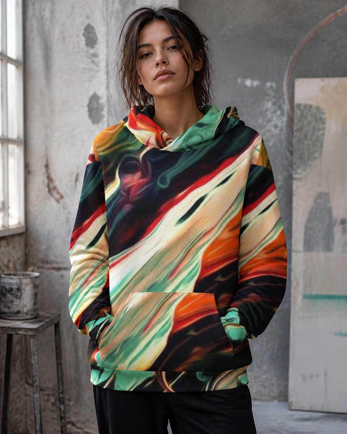 Acrylic Art Hoodie Alloverprint an weiblichem Model, Vorderansicht – KI-generierte Darstellung