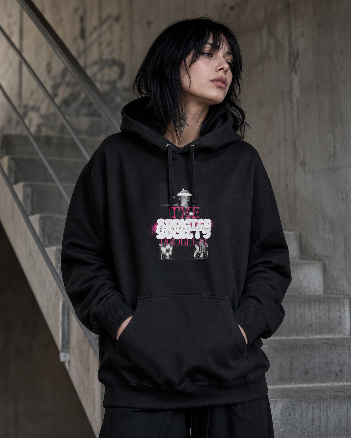 Addicted Society Hoodie in Schwarz an weiblichem Model, Vorderansicht – KI-generierte Darstellung